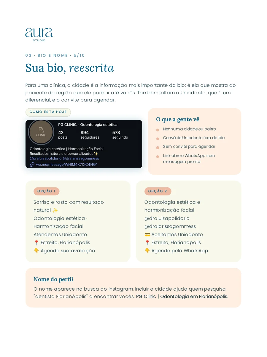 Página da bio reescrita do diagnóstico da PG Clinic