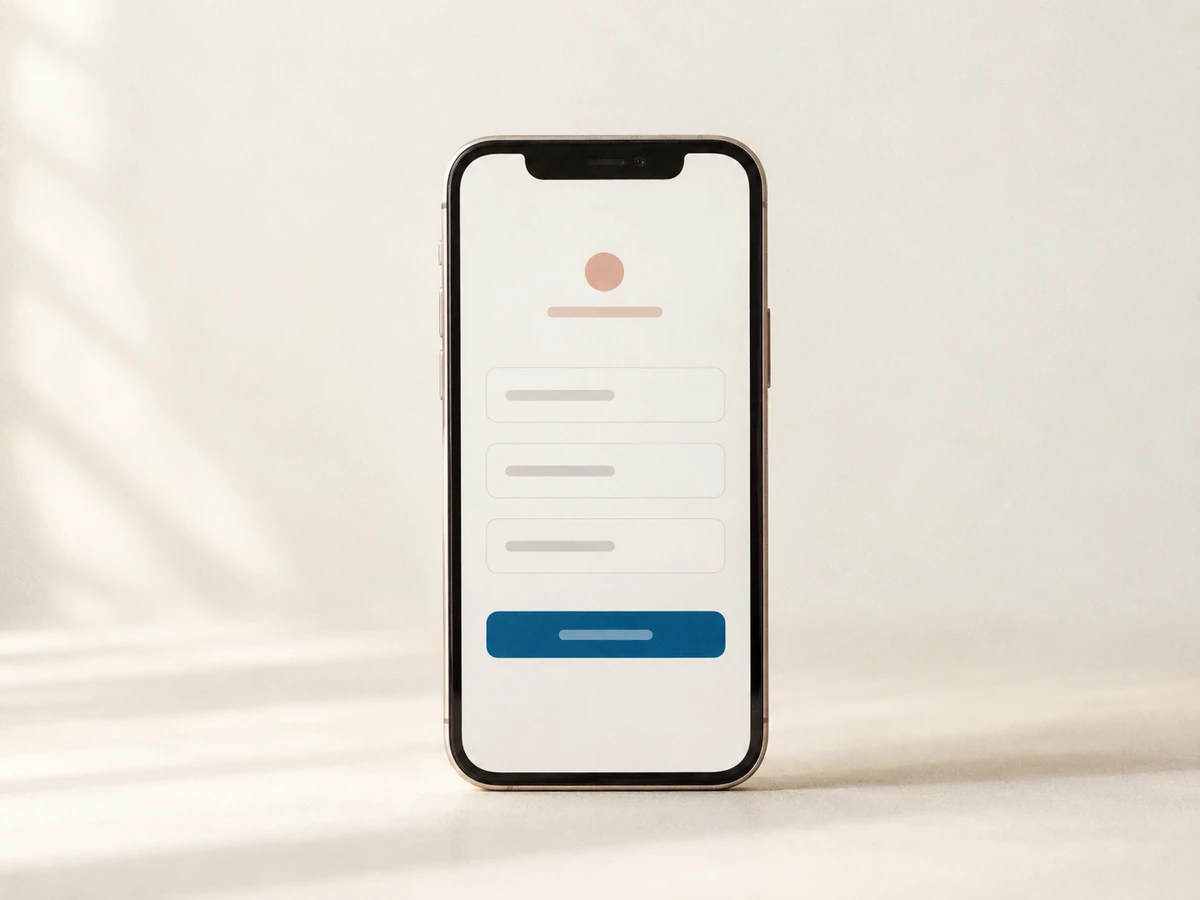 Celular mostrando um formulário simples de três campos com botão azul